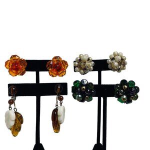 Vintage Lot Of 4 Gold Tone Beaded Clip On Earrings Signed (5235)